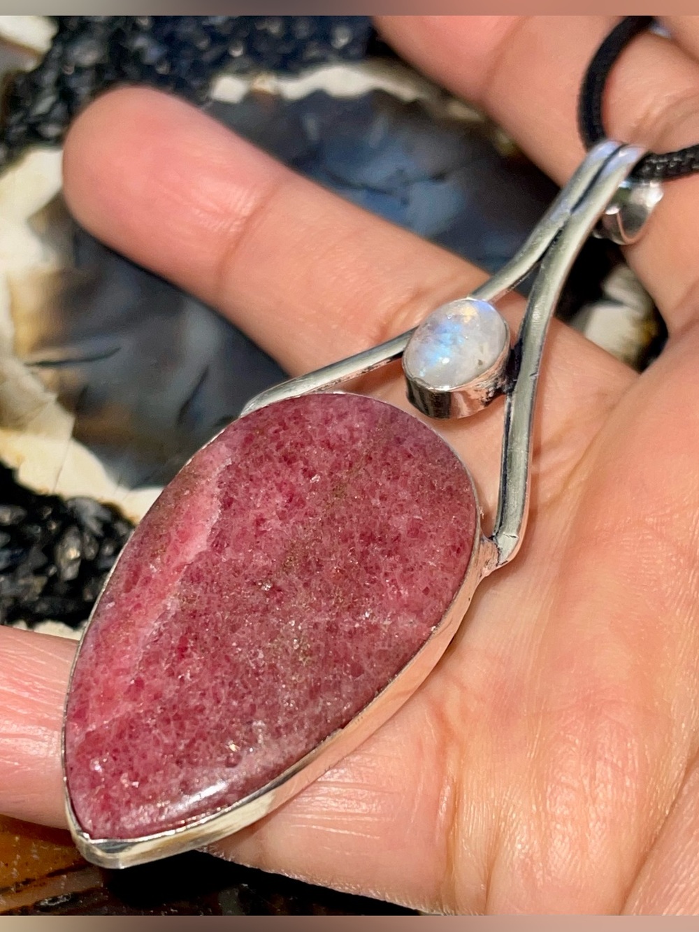 “The Stone of Love” Rhodonite & Rain ow Moonstone Crystal Pendant 3”